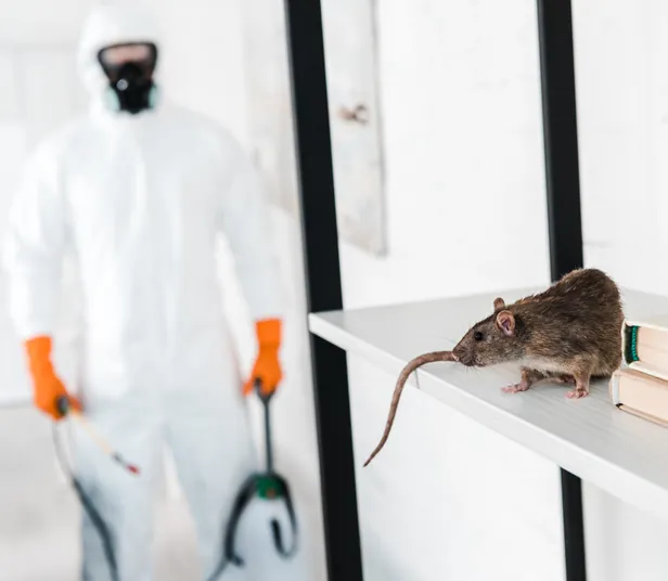 Profissional inspecionando rato em ambiente interno